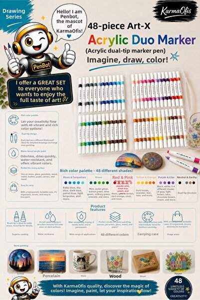 KarmaOfis 48-Piece Art-X Acrylic Duo Marker Set with Carrying Case