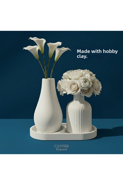 CANSEB Elegance Triple Decorative Pampas Flower Vase Set 13cm - 10cm - 17cm Tray