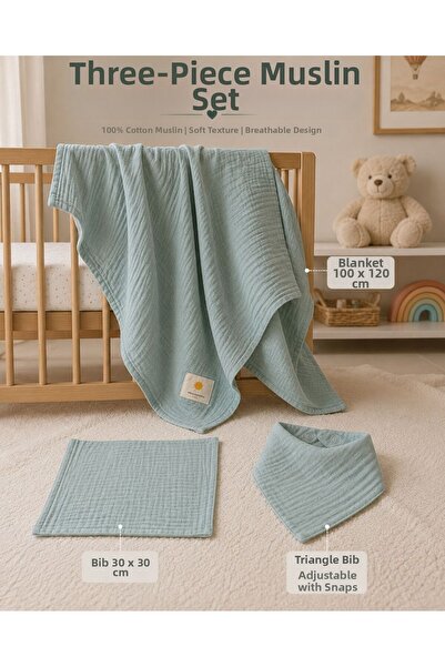 Heianmono Kids 2 Layer Mint Green Set of 3 (100X120 Blanket & 30X30 Mouth Wip...