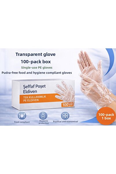 TİMİON Transparent Bag Gloves Box of 100 Disposable Pe Gloves Powder-Free Foo...
