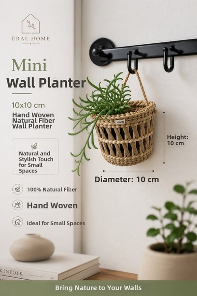 SS ERAL KOOP Decorative Multi-Purpose Wicker Hand-Knitted Basket Flower Pot with Hanger Minimal 10X10 cm