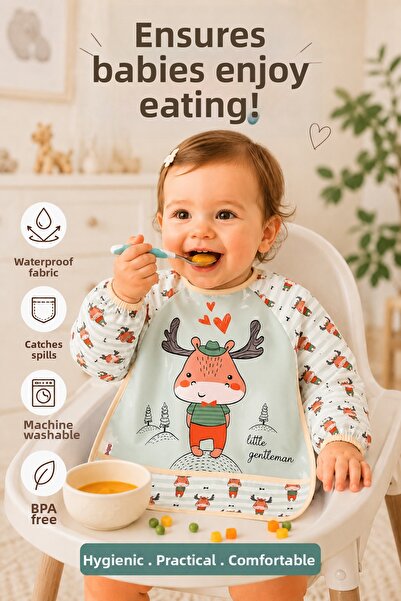 BERNS Waterproof Baby Feeding Bib with Pockets, Long Sleeve Washable Feeding Bib