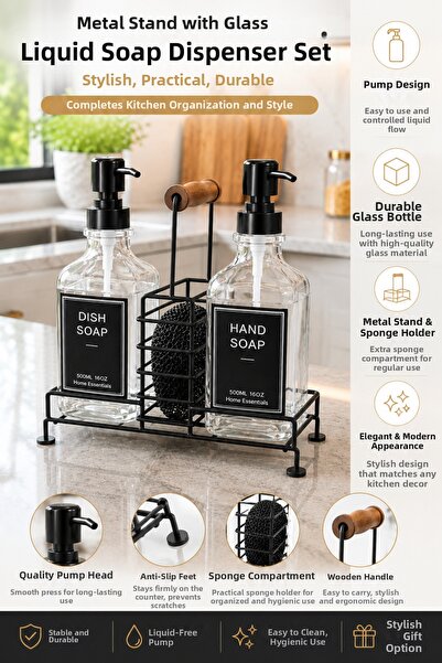 CHANCE GİFT Glass Soap Dispenser Set with Metal Stand and Sponge Kitchen Dete...