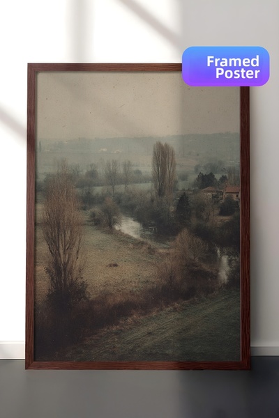 Zestia Pictură murală vintage, peisaj rural pe malul râului, înrămat maro Nr....