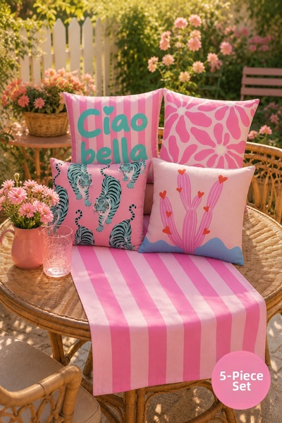 stellahomes 5-Piece Decorative Throw Pillow Cover and Runner Set with Pink St...