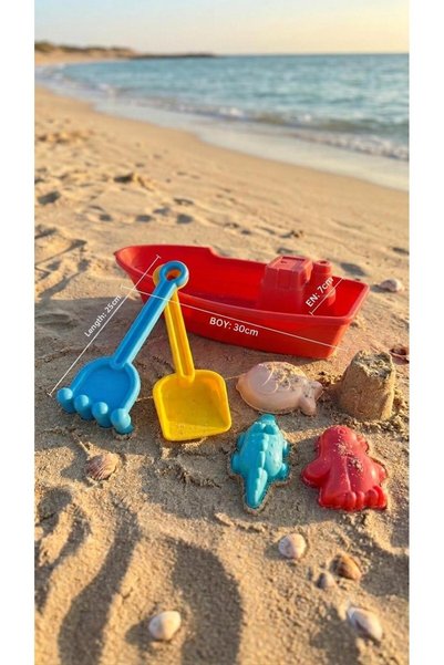 shop&joy 6-Piece Beach Ship Set with Accessories for Play in Water and Sand - Vibrant Colored Ship and Shovel Toys