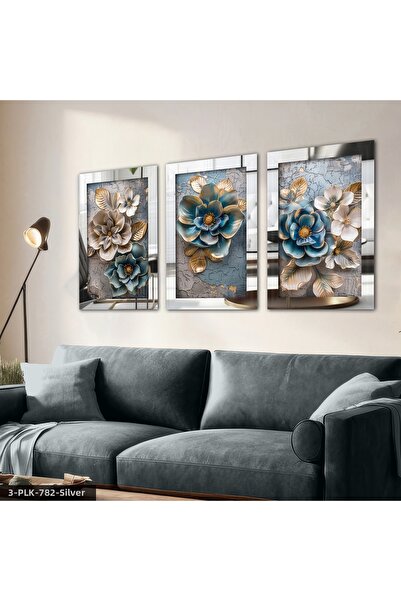 Evinemoda Antique Detailed Blue Ecru Flower 3 Piece Plexi Mirror Table