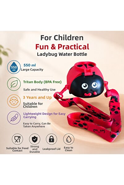 teknohediye 550 ml Ladybug Children's Water Bottle Tritan Bpa-Free Lightweigh...