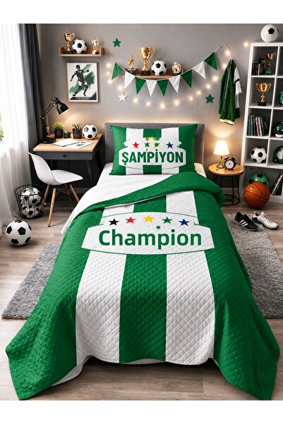 Bebişim Halı Green and White Fan Children's Room Single Pique Bedspread