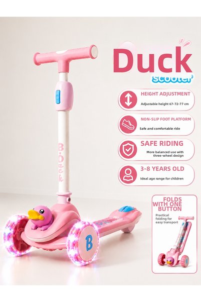 YILDIRIM OYUNCAK Duck Figurine Led Lighted 3-Wheel Children's Scooter for 3-8...