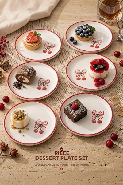 Akkoyunlu home Set of 6 Ceramic Dessert Plates with Cherry and Bow Pattern, R...