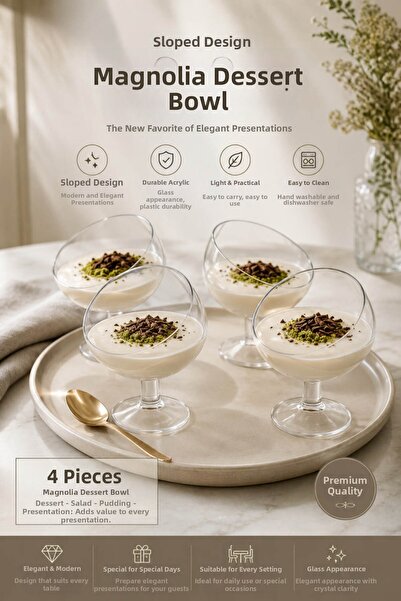 Anadolu Saray 4 Pcs Oblique Acrylic Magnolia Dessert Bowl Transparent Present...
