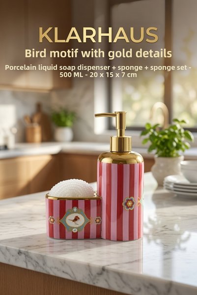 KLARHAUS Bird Motif Gold Detailed Striped Porcelain Liquid Soap Dispenser + Dish Sponge + Sponge Holder Set – 500 ml – 20 X 15 X 7 cm