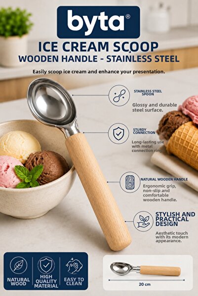 BYTA Stainless Steel Ice Cream Spoon with Bamboo Handle High Quality Steel