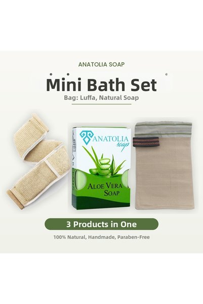 Anatolia Soap طقم حمام صغير - كيس حمام ساخن + ليفة قرع بمقبض خشبي + صابون أرت...