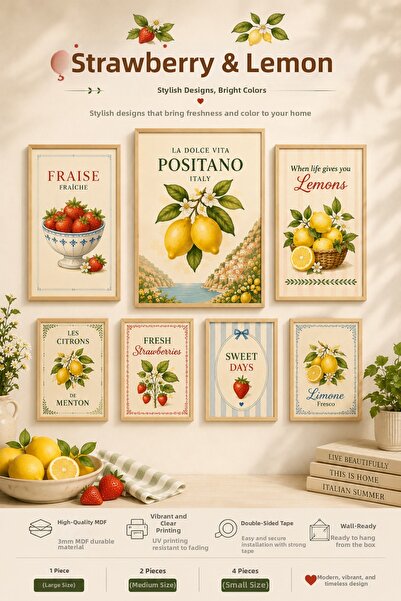 UNT Strawberry & Lemon Mediterranean Wall Painting Set 7 Pieces – Mdf Decorat...