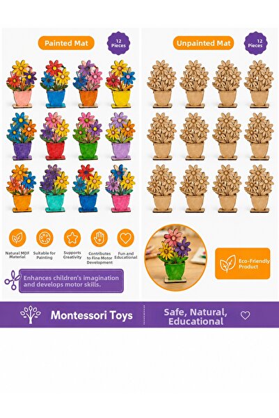WoodStory Wooden Flower Pot Flower Painting Set 12 Pieces (Including 12 Acryl...