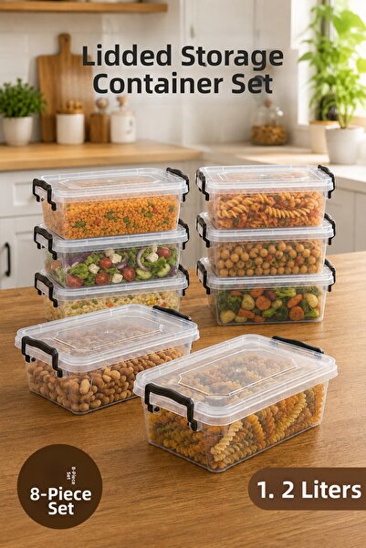 Vienev Set of 8 Lockable Lid Storage Containers 1.2 Lt Transparent Rectangula...