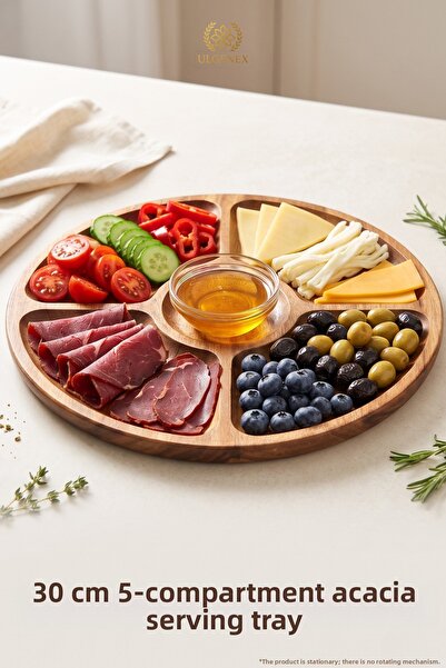 Ulgenex 5-Compartment Acacia Presentation Plate for Breakfast, Snacks, and Se...