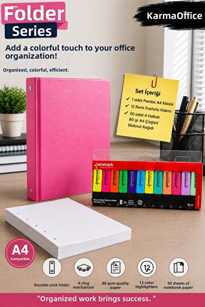KarmaOfis A4 4-Ring Pink Folder Set – 6 Neon 6 Pastel 12 Color Highlighters a...