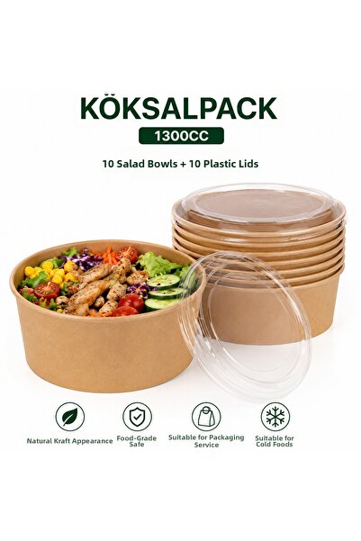 Köksal Pack 10 Pieces of 1300 Cc Kraft Salad Bowl + 10 Transparent Pet Lids