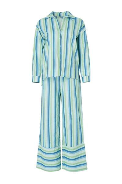 Trendyol Kollektion Blau gestreiftes Oversize-Strandhemd-Hosen-Set TBESS26AU0...
