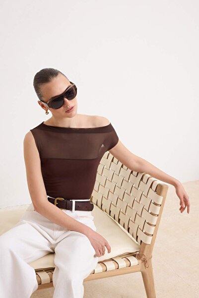 Trendyol Collection Brown Regular Asymmetric Collar Detailed Sleeveless Stret...