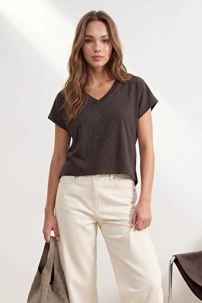 Trendyol Collection Dark Brown Premium Lyocell Content V-Neck Short Accessory...
