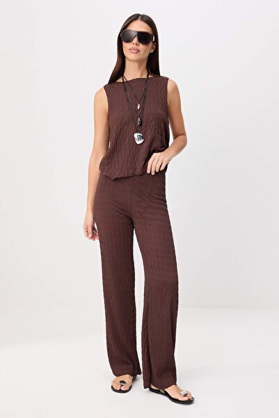 Trendyol Collection Maro închis texturat Bluză-Pantaloni din material subțire...