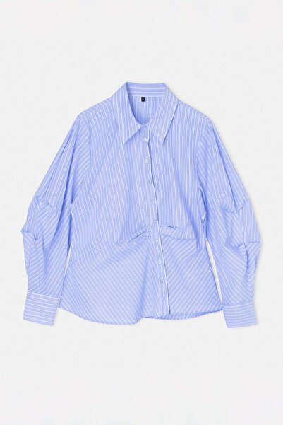 Trendyol Curve Blue Balloon Sleeve Detailed Asymmetrical Fitted Shirt Tbbss26...