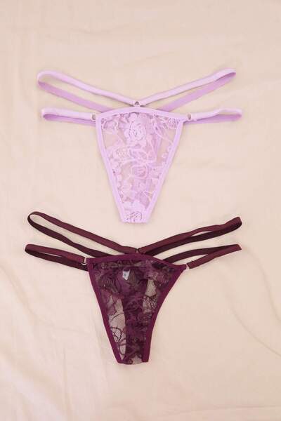 Trendyol Collection Plum-Lilac 2-Piece Lace Elastic Floral Thong Panties Thma...