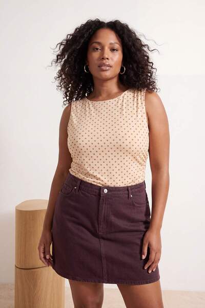 Trendyol Curve Cream Polka Dot Patterned Tulle Sleeveless Knitted Plus Size B...