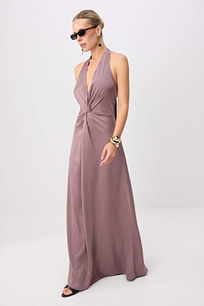 Trendyol Collection Mink Halter Neck A-Line/ Bell Form Maxi Evening & Graduat...