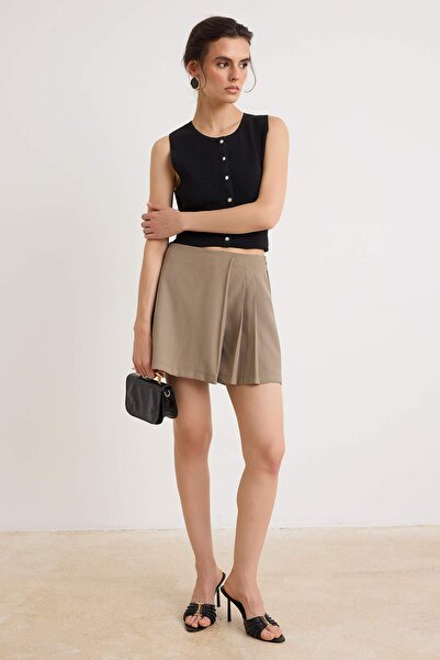Trendyol Collection Light Khaki Lace-Up Soft Buttoned Mini Shorts Skirt Short...