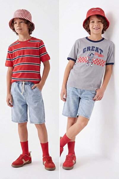 TRENDYOLKIDS Sivo-bordo crvena 2-dijelna pletena majica sa printom TKDSS26TS0...
