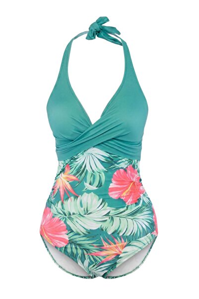 Trendyol Collection Floral Pattern V-Neck Covered Color Block Regular Swimsui...