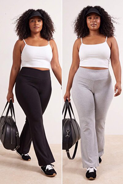 Trendyol Curve Grey Melange- Black Flare/Pantaloni și pantaloni de trening di...
