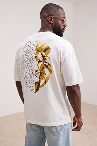 Trendyol Collection Ecru Large Size Oversize/Wide Cut Lion Printed 100% Cotto...