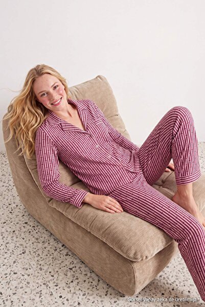 Trendyol Collection Mürdüm 100% Cotton Pocketed Heart and Striped Knitted Paj...