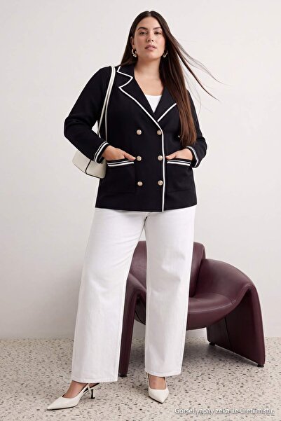 Trendyol Curve Schwarze Jacke mit Kragen und Streifendetail, Strickjacke im C...