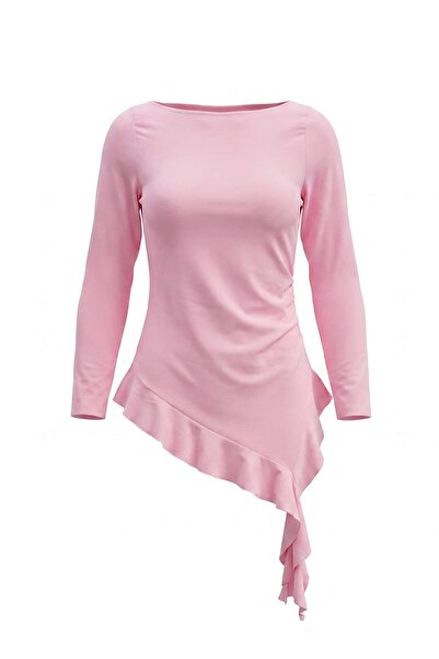 Trendyol Collection Pink Plain Fitted Crew Neck Long Ruffle Asymmetrical Lycr...