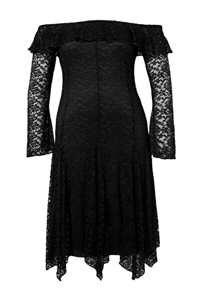 Trendyol Curve Schwarzes, gestricktes Kleid in Übergröße mit Rüschensaum und ...