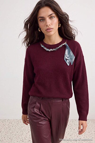 Trendyol Modest Eșarfă cu guler burgundy, detaliată, din tricotaj cu textură ...