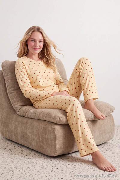 Trendyol Collection Yellow 100% Cotton Polka Dot and Heart Knitted Pajama Set...
