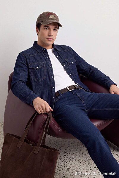 Trendyol Collection Midnight Blue Men's Denim Shirt with Front Pockets Tmnaw2...