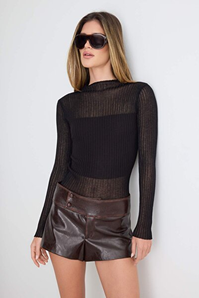 Trendyol Collection Black Transparent Detailed High Neck Knitwear Sweater Two...