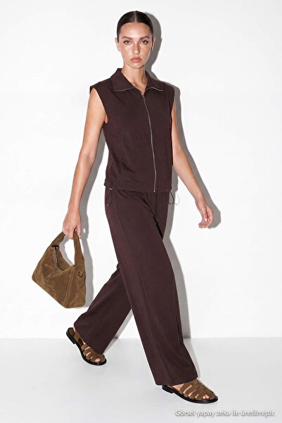 Drop by TrendyolMilla Brown Sleeveless Zippered Waist-Adjustable Top with Ela...