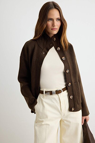 Trendyol Collection Brown Soft Textured Stand Collar Pocketed Knitwear Cardig...