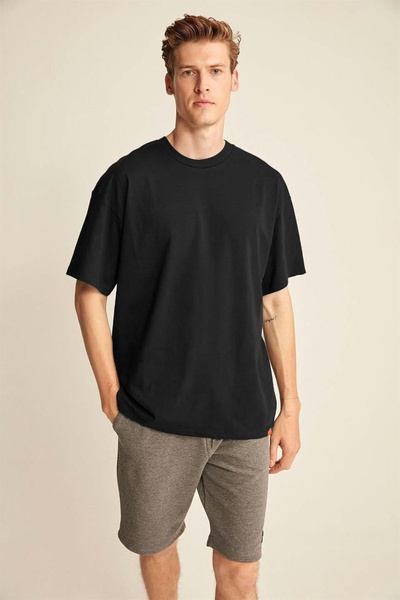 GRIMELANGE Jett Erkek Oversize Fit %100 Organik Pamuk Kalın Dokulu Bisiklet Yakalı Siyah T-shirt