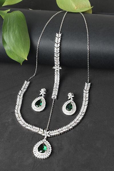BY BARUN SİLVER Gümüş Set Gerdanlık Safir Zümrüt Yakut Rengi 925 Ayar Zirkon ...